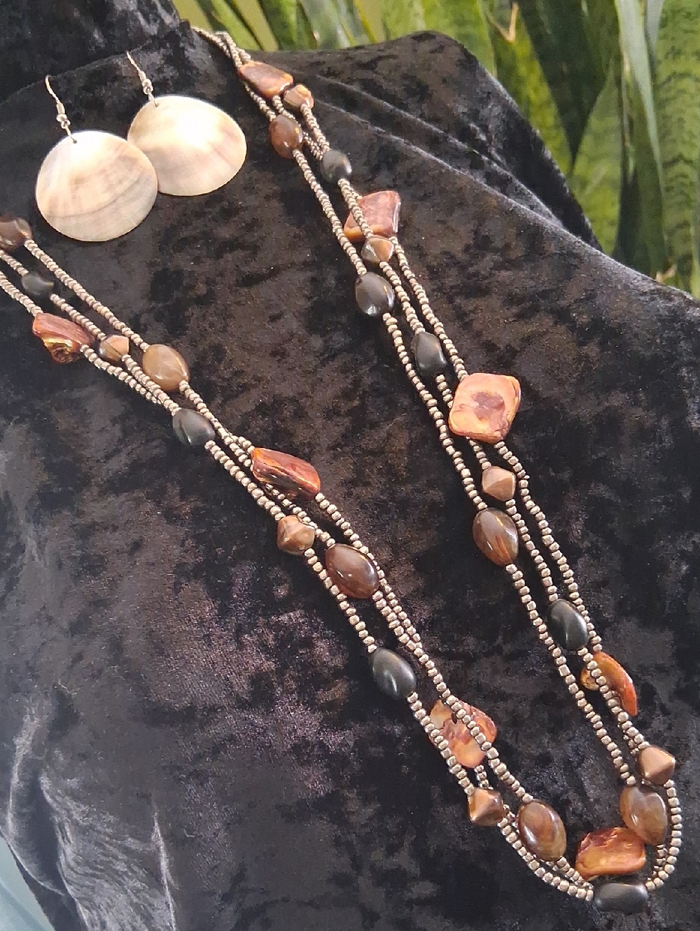 Mother Of Pearl Brown  Bead Multi-Strand Necklace 28 In Long